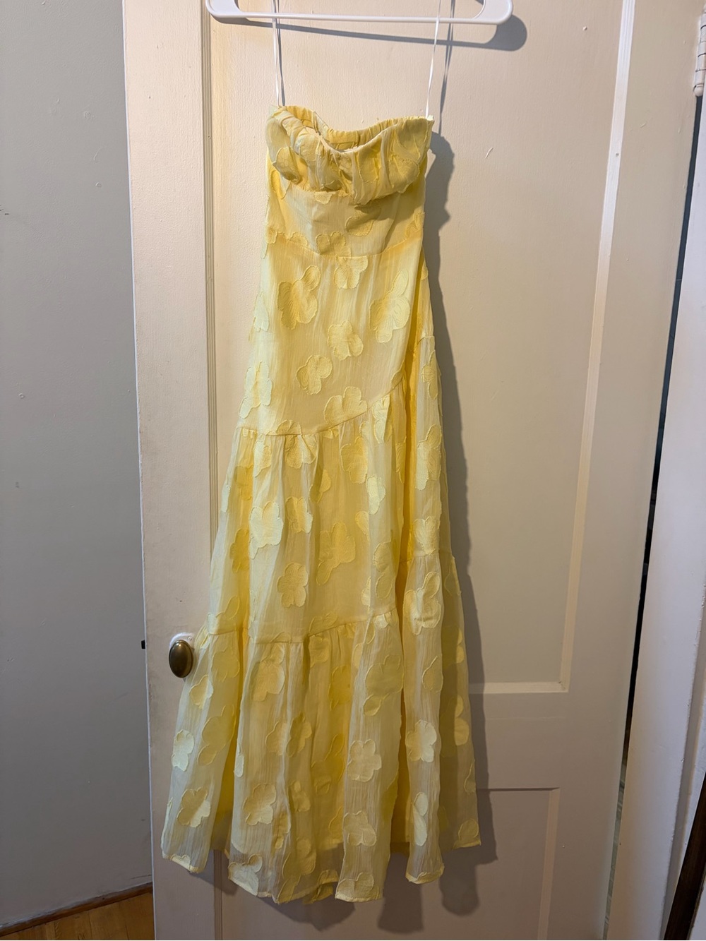 Yellow Floral Lace Strapless Maxi Dress